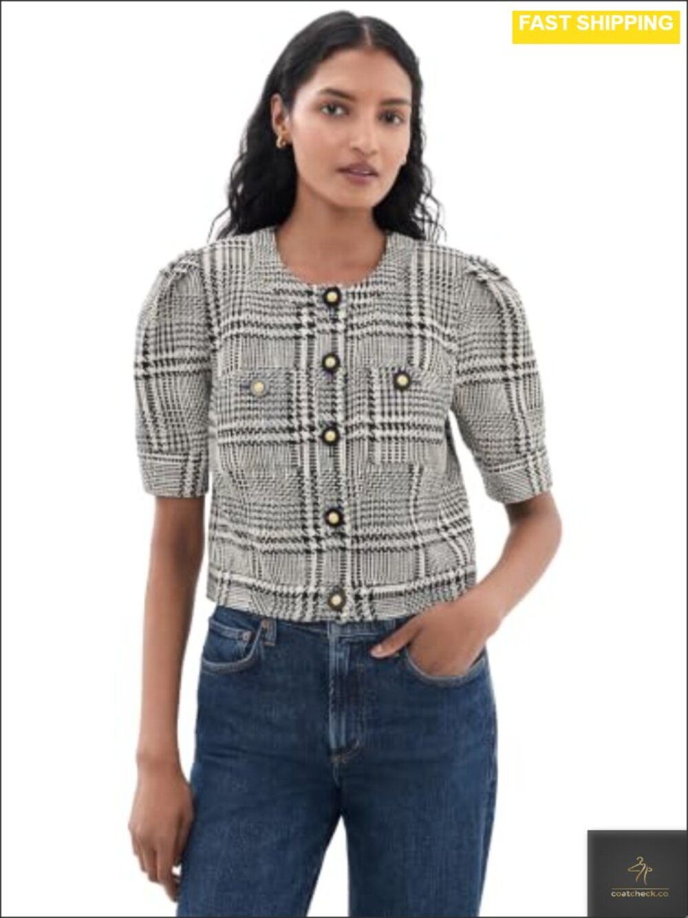Tweed Cropped Jacket Embellished Buttons Houndstooth Short Puff Sleeves